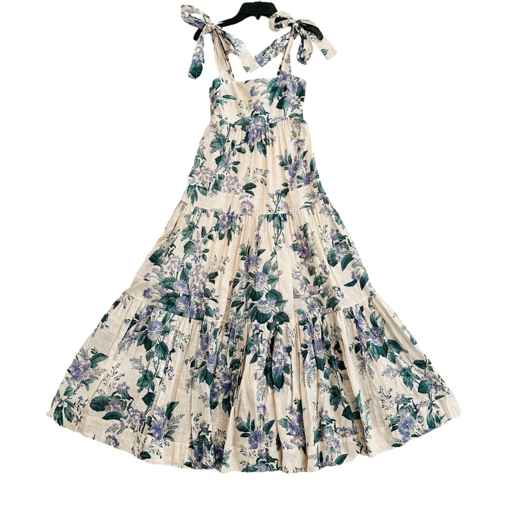 Zimmermann Cassia Tiered Hydrangea Print Tie Shoulder Maxi Dress Size 1 | US 6 - Picture 7 of 16